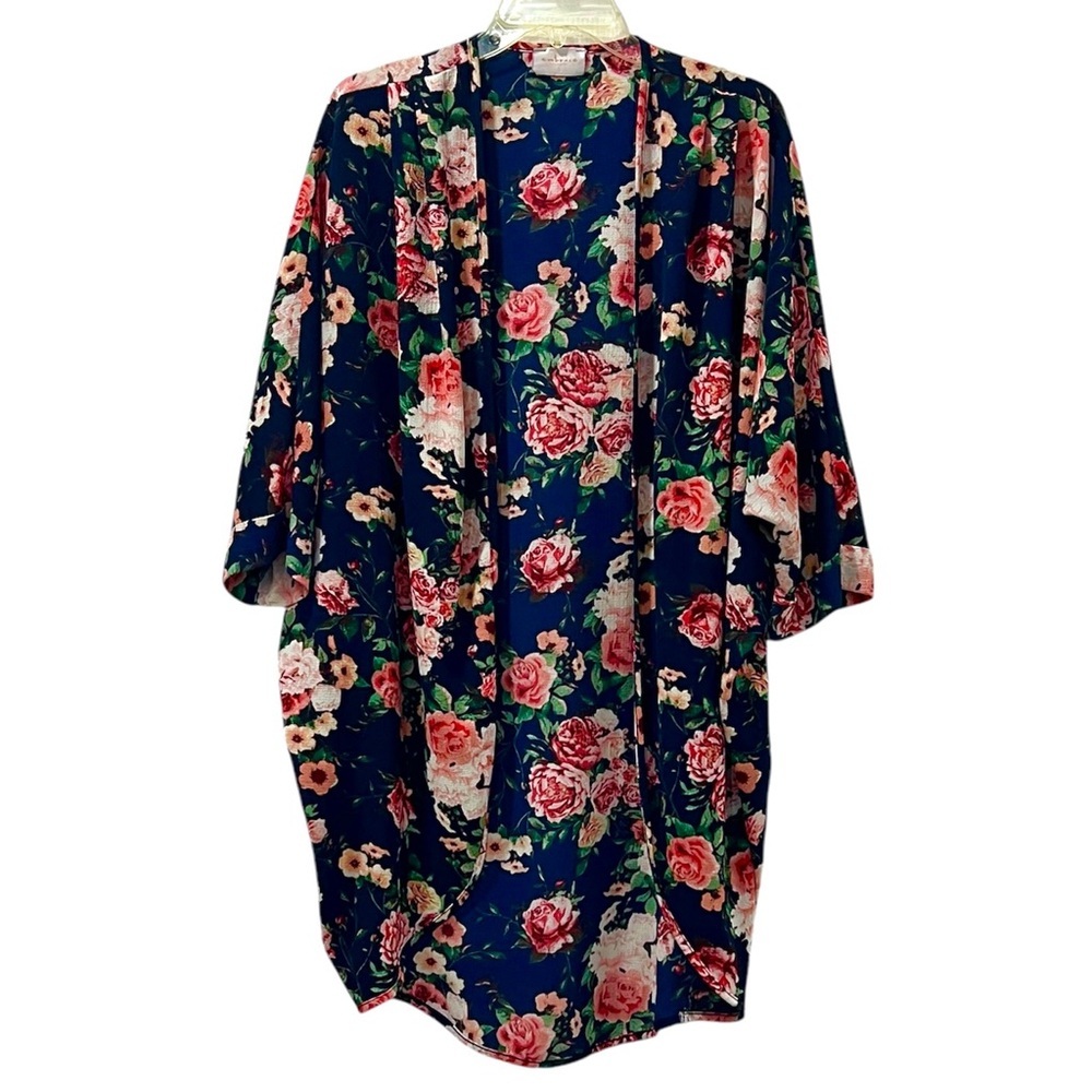 Embrace Women’s Navy and Pink Lightweight Floral Open Cardigan Size Large